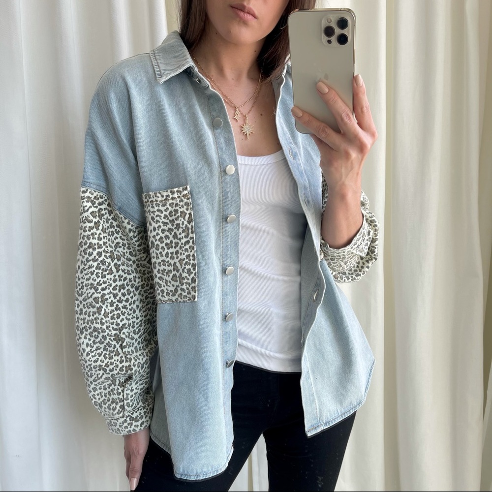Leopard Button-Down Denim Shirt - Picture 7 of 10